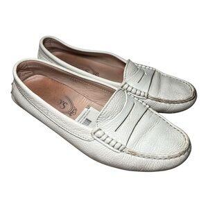 Tod's Big Girl Penny Loafer Moccasin Cream Off White Slip On Leather 35.5